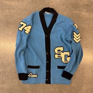 Vintage 1974 Blue Cable Knit Dehen Knitting Co. Embroidered Varsity Cardigan M